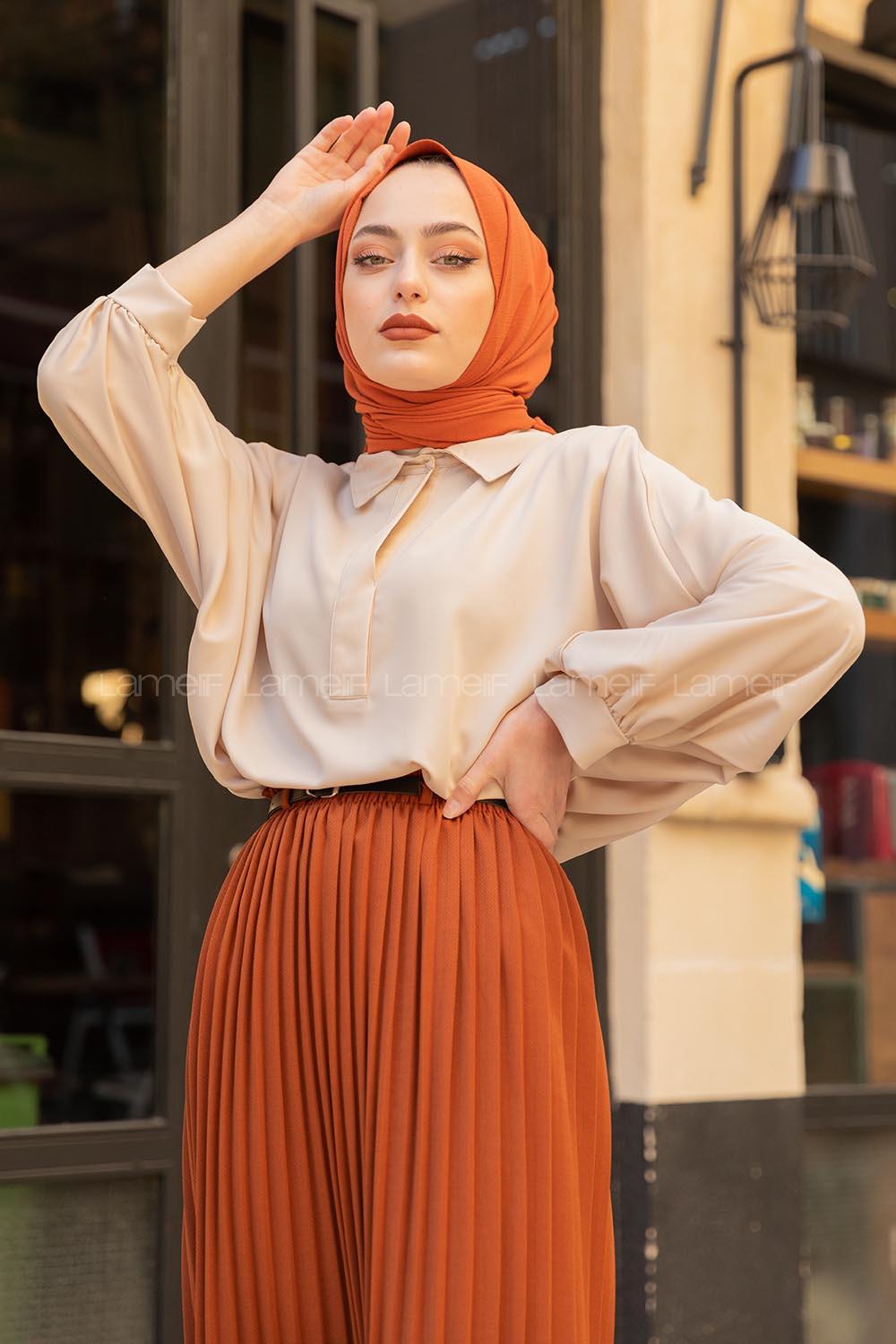 Modalamelif Yarasa Kol Gömlek Yaka Bluz Bej