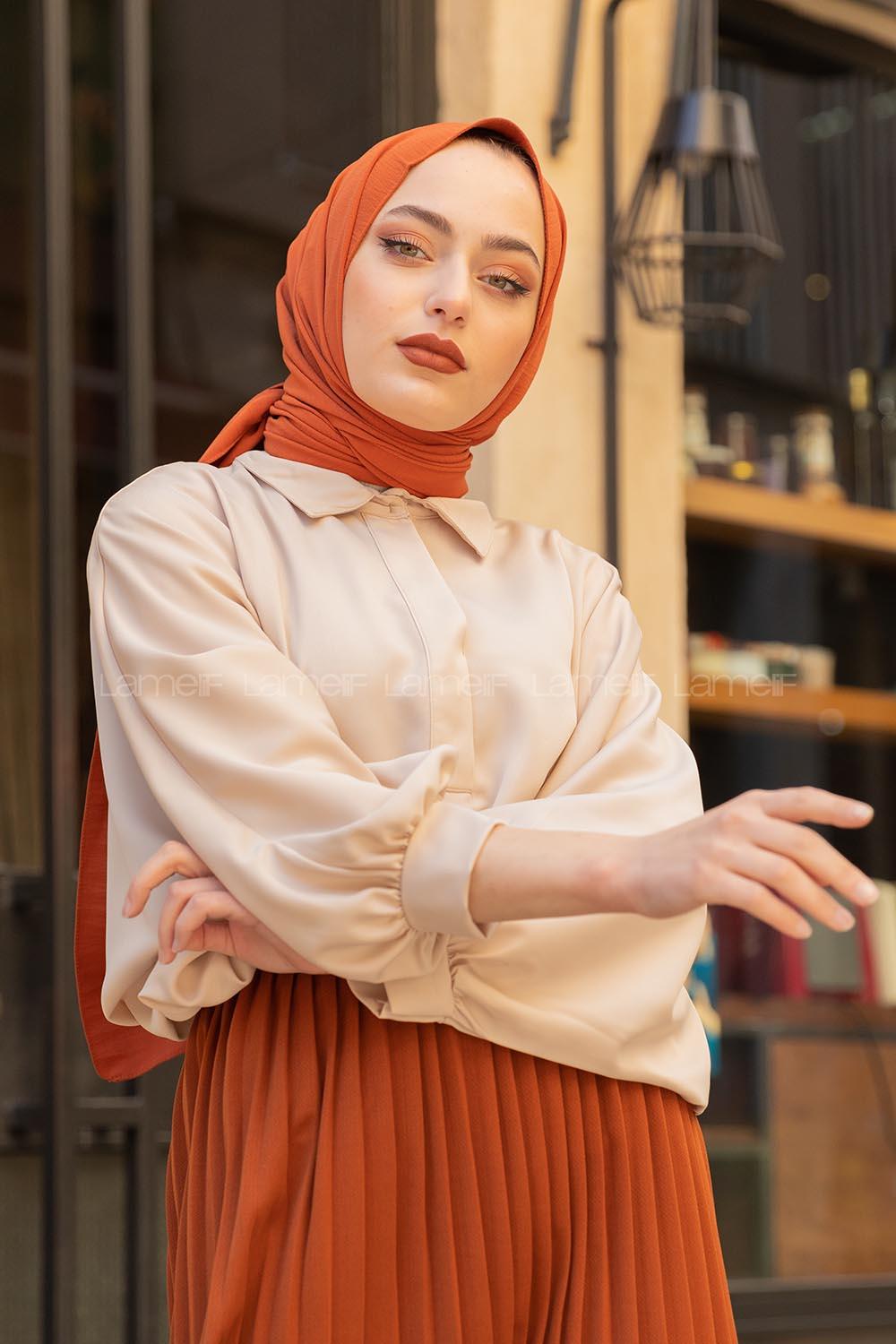 Modalamelif Yarasa Kol Gömlek Yaka Bluz Bej