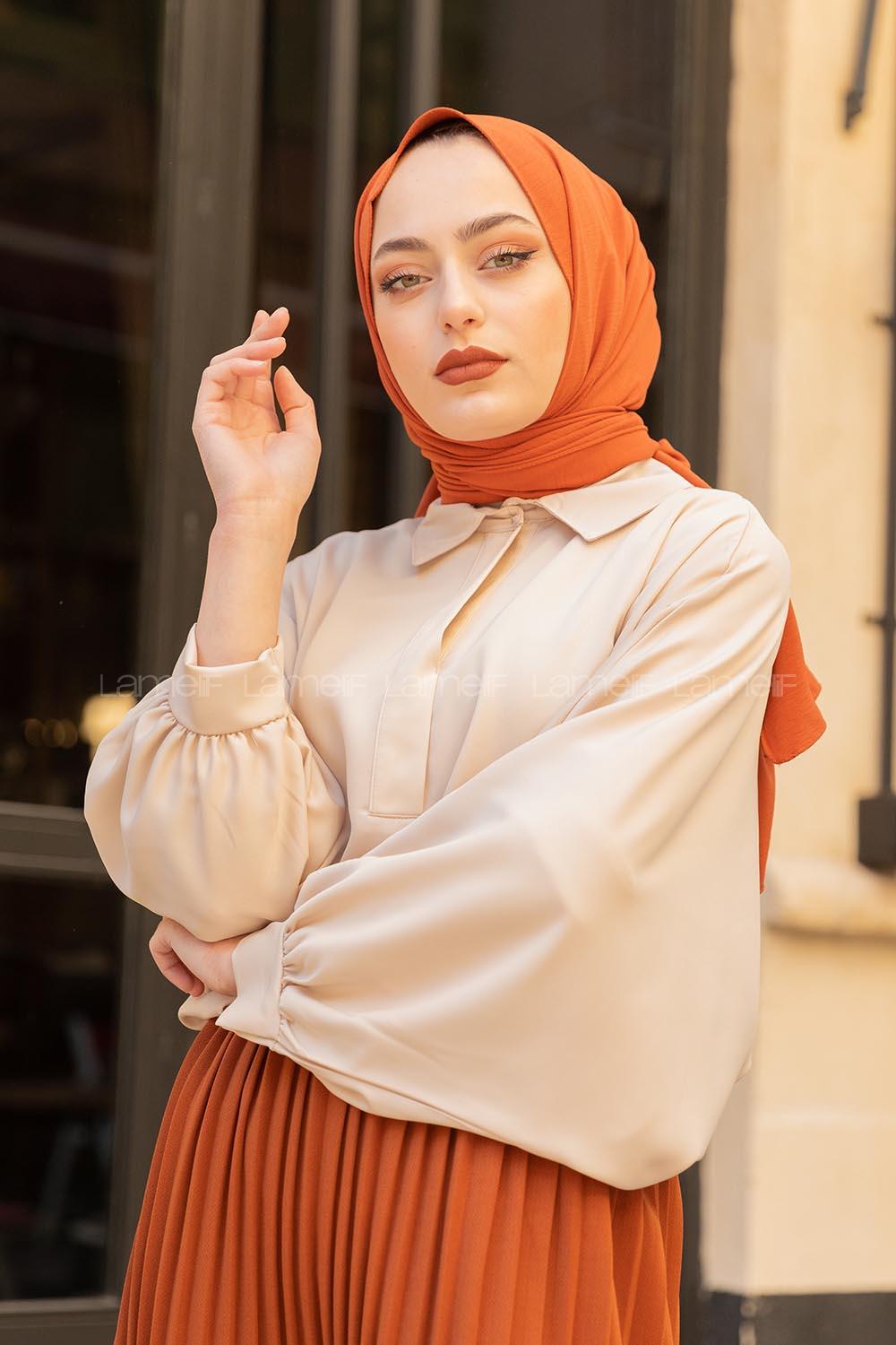 Modalamelif Yarasa Kol Gömlek Yaka Bluz Bej