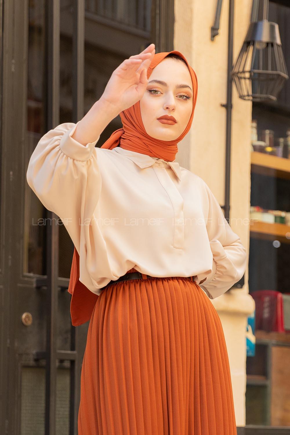 Modalamelif Yarasa Kol Gömlek Yaka Bluz Bej