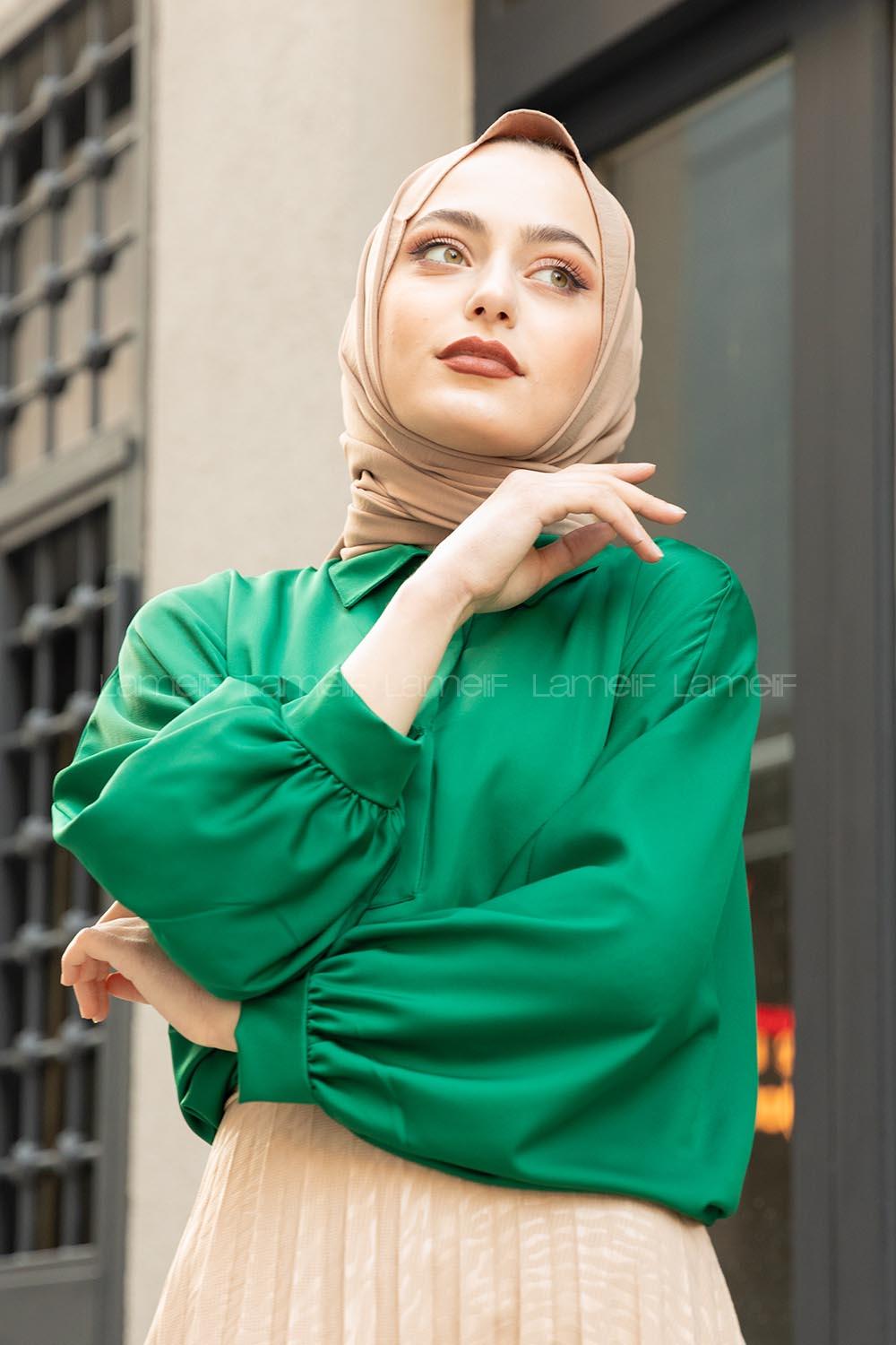 Modalamelif Yarasa Kol Gömlek Yaka Bluz Fıstık Yeşili
