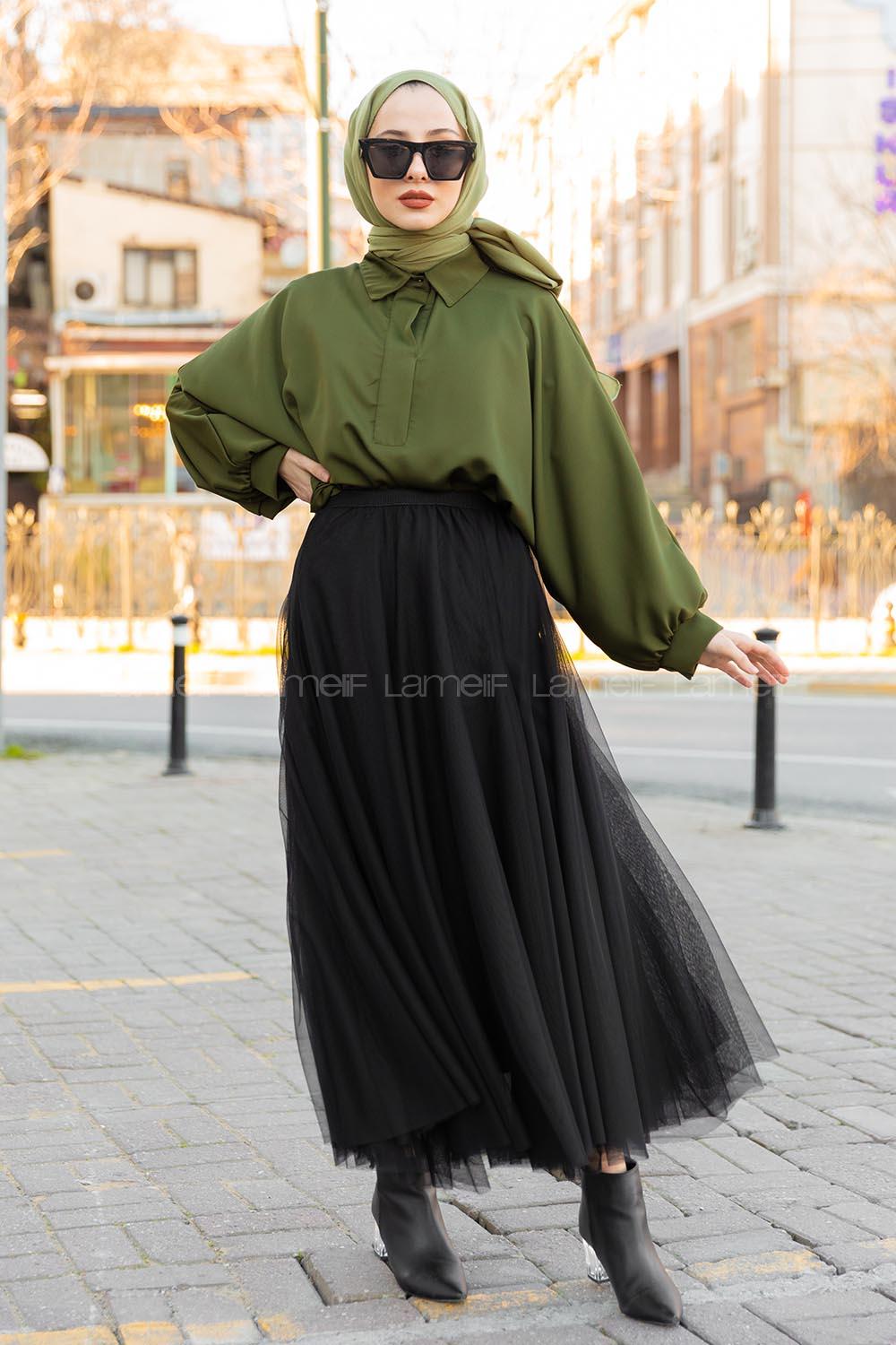 Modalamelif Yarasa Kol Gömlek Yaka Bluz Haki