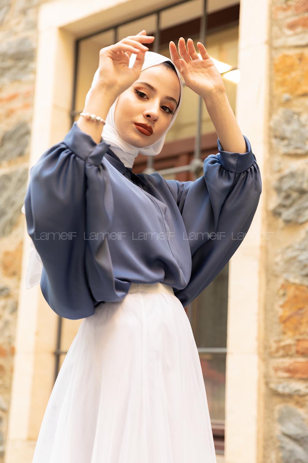 Modalamelif Yarasa Kol Gömlek Yaka Bluz İndigo