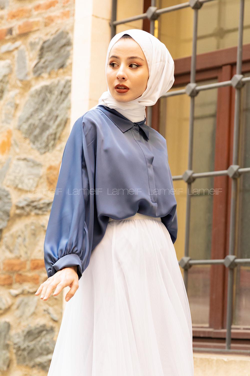 Modalamelif Yarasa Kol Gömlek Yaka Bluz İndigo