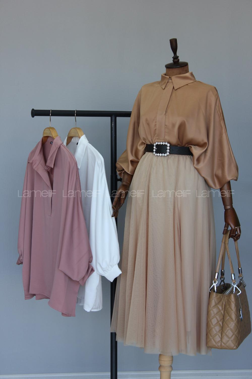 Modalamelif Yarasa Kol Gömlek Yaka Bluz İndigo