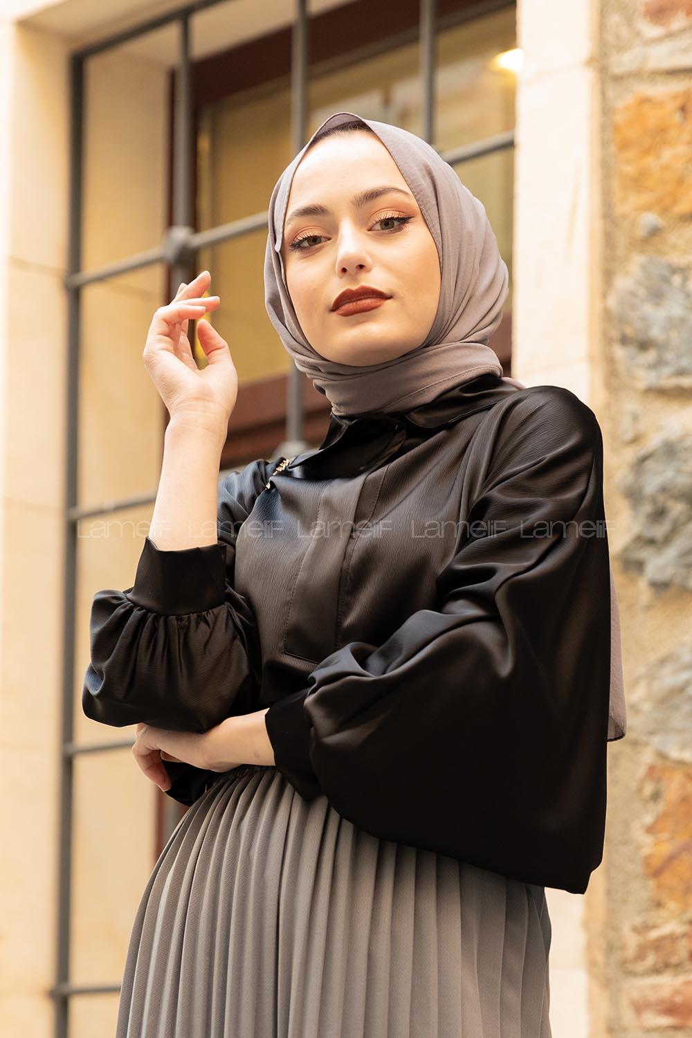 Modalamelif Yarasa Kol Gömlek Yaka Bluz Siyah