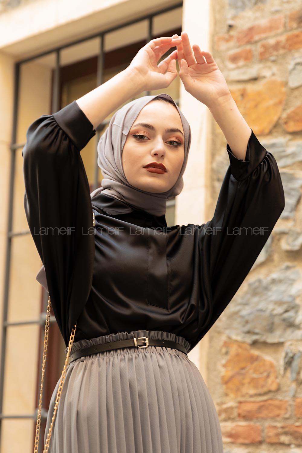 Modalamelif Yarasa Kol Gömlek Yaka Bluz Siyah