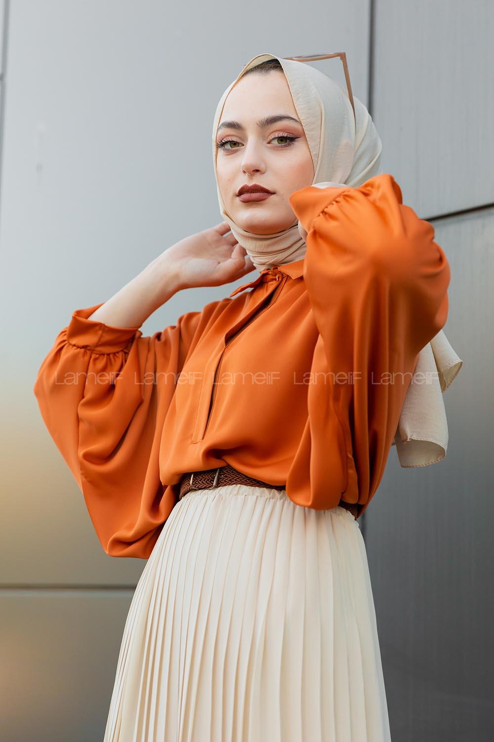 Modalamelif Yarasa Kol Gömlek Yaka Bluz Tarçın