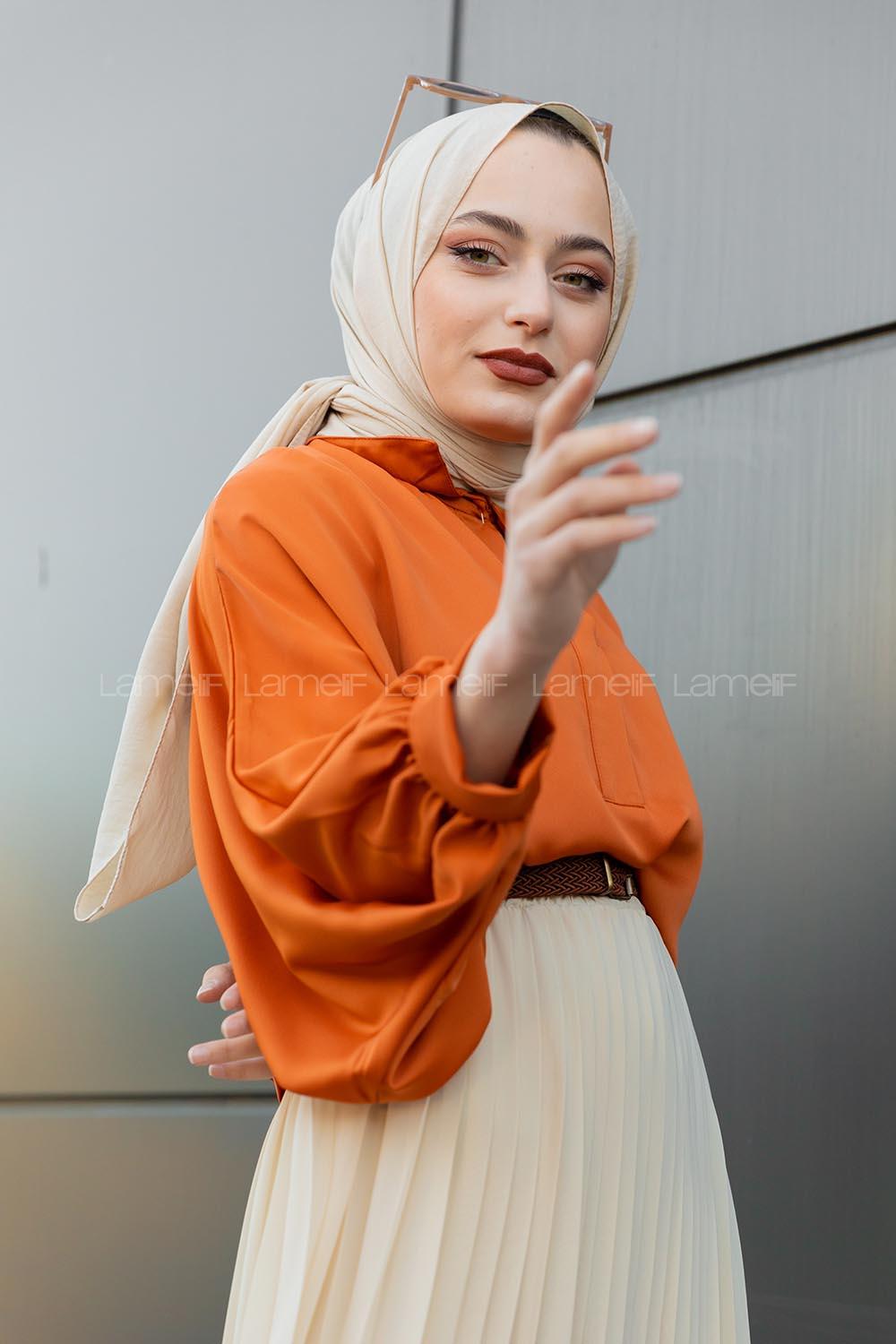 Modalamelif Yarasa Kol Gömlek Yaka Bluz Tarçın