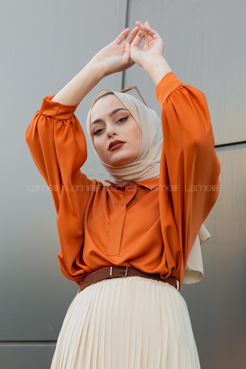 Modalamelif Yarasa Kol Gömlek Yaka Bluz Tarçın