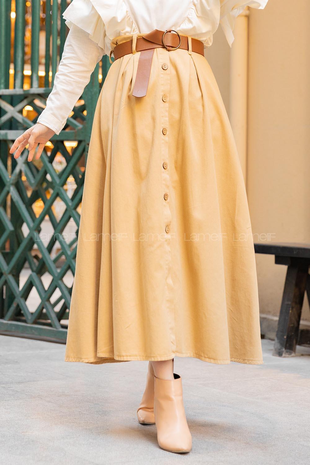 Modalamelif Boydan Düğmeli Kemerli Etek Camel