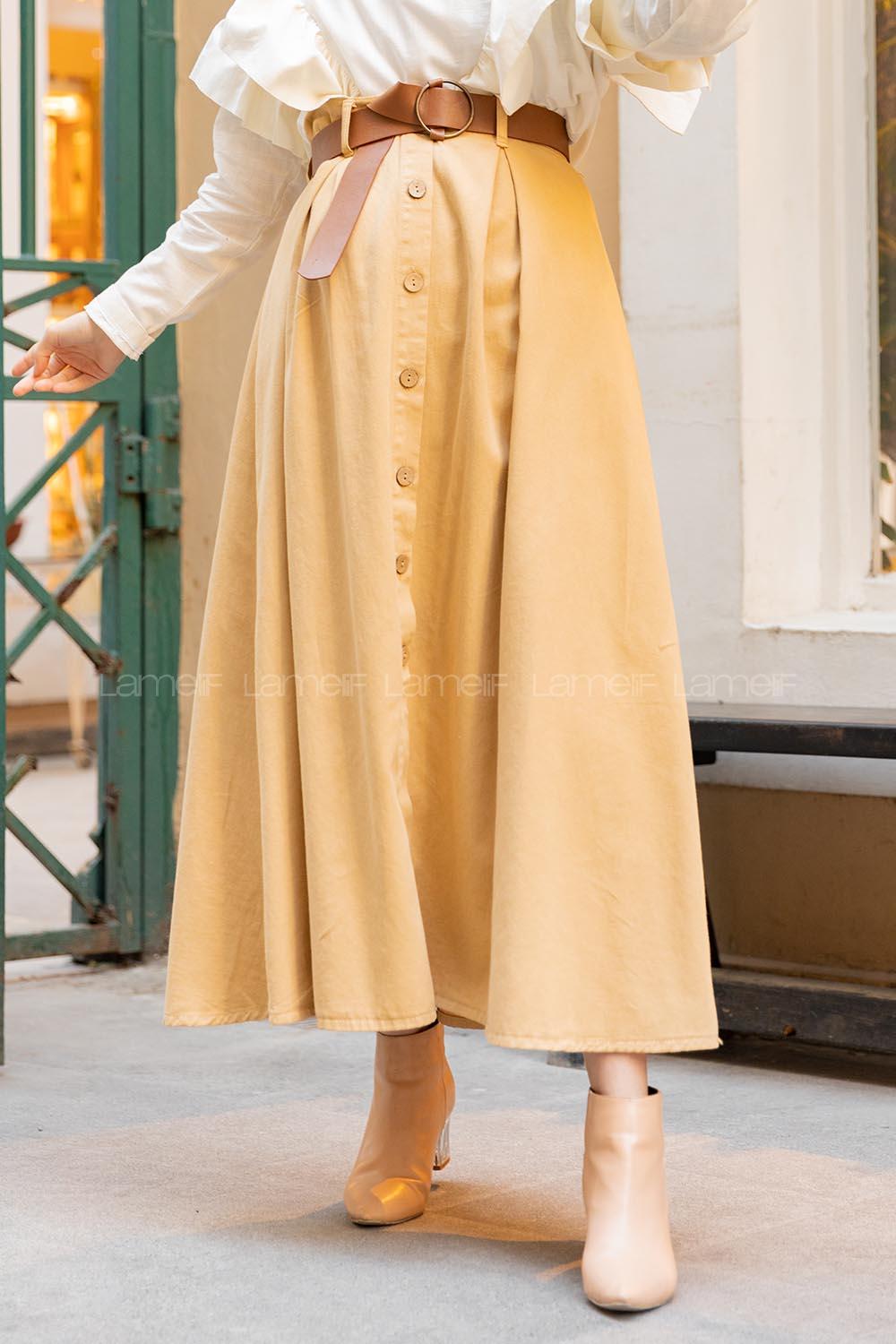 Modalamelif Boydan Düğmeli Kemerli Etek Camel