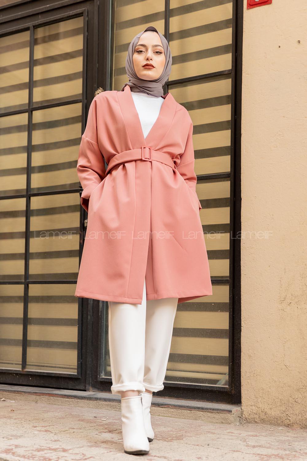 Modalamelif Çift Cepli Kemerli Kimono Gül