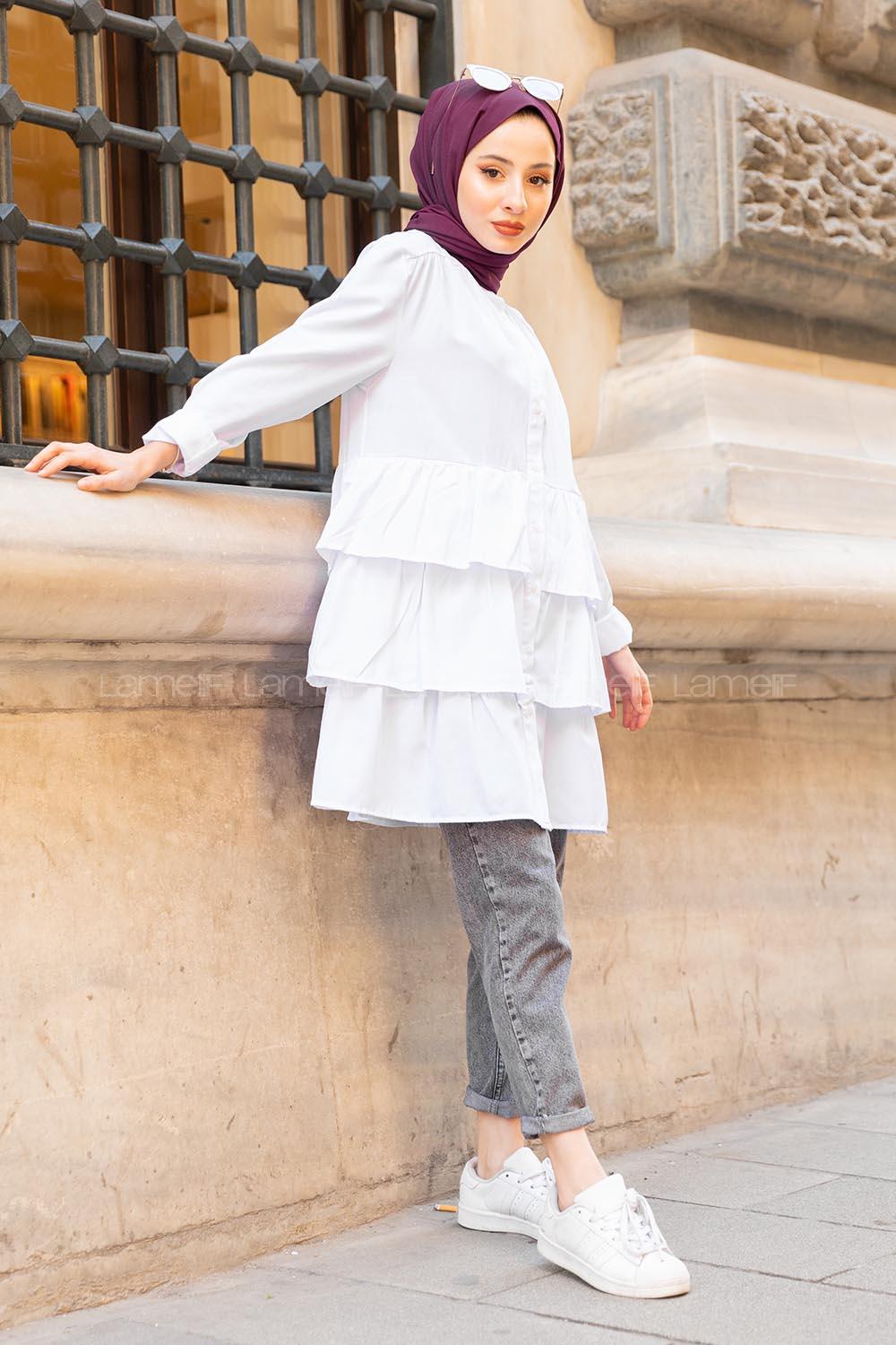 Modalamelif Önü Düğmeli Kat Kat Gömlek Beyaz