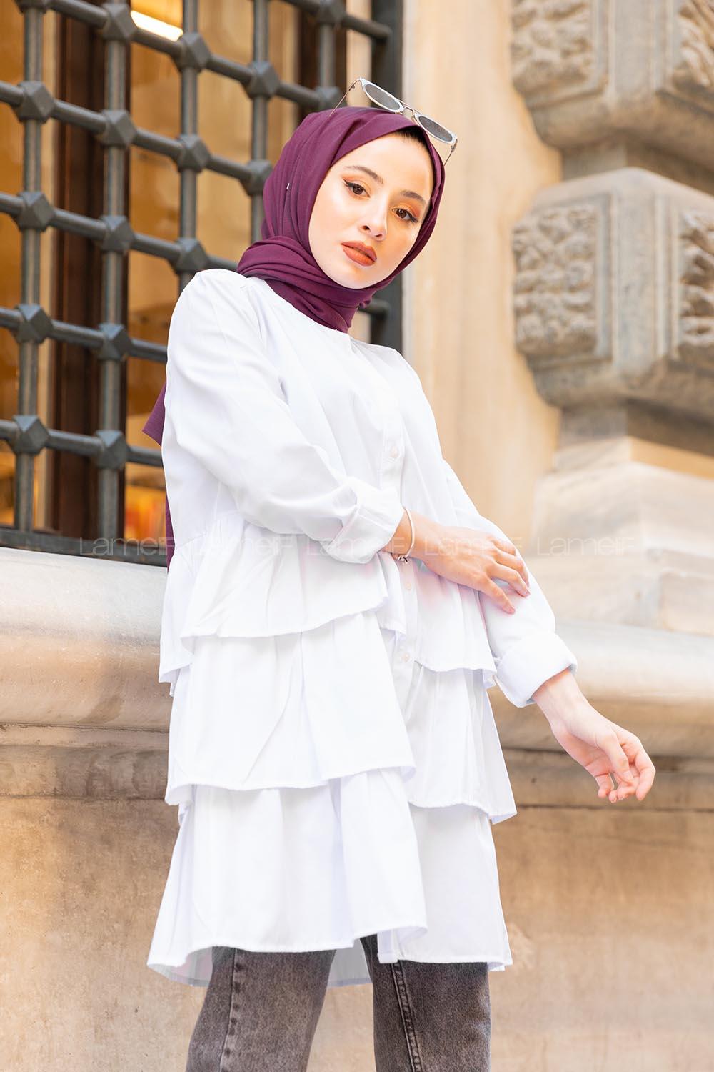 Modalamelif Önü Düğmeli Kat Kat Gömlek Beyaz