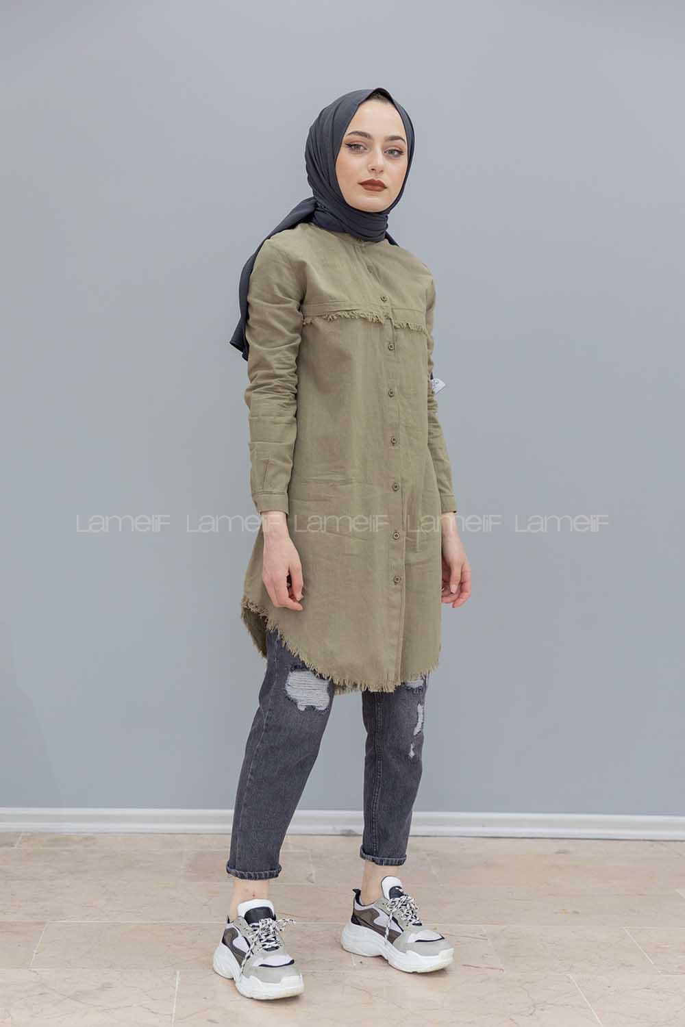 Modalamelif Eteği Saçaklı Gömlek Haki