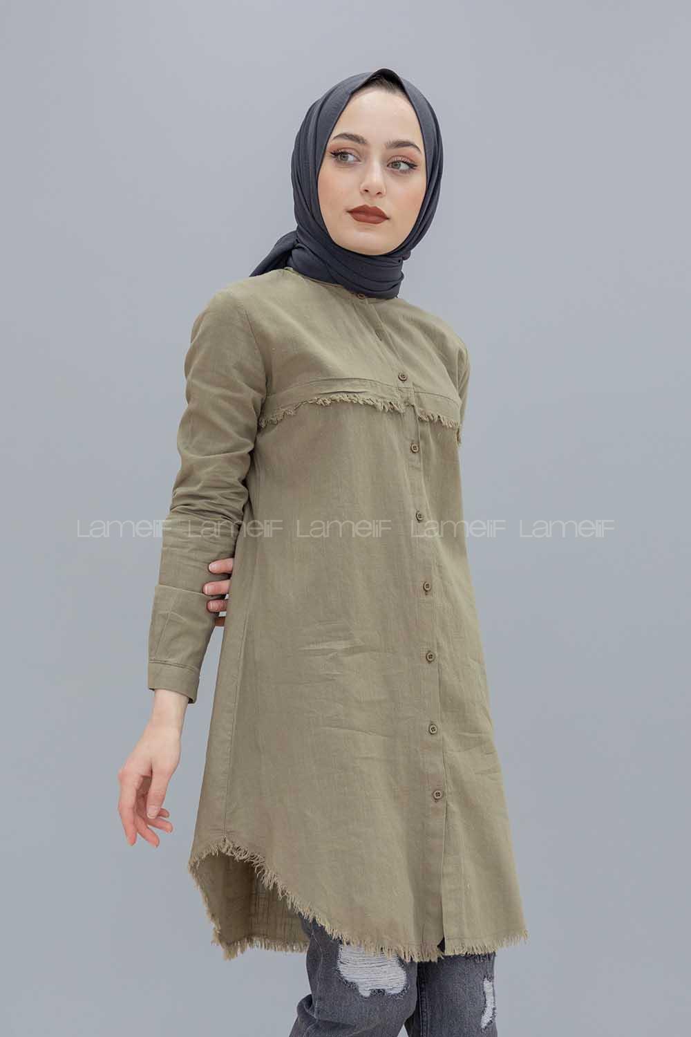Modalamelif Eteği Saçaklı Gömlek Haki