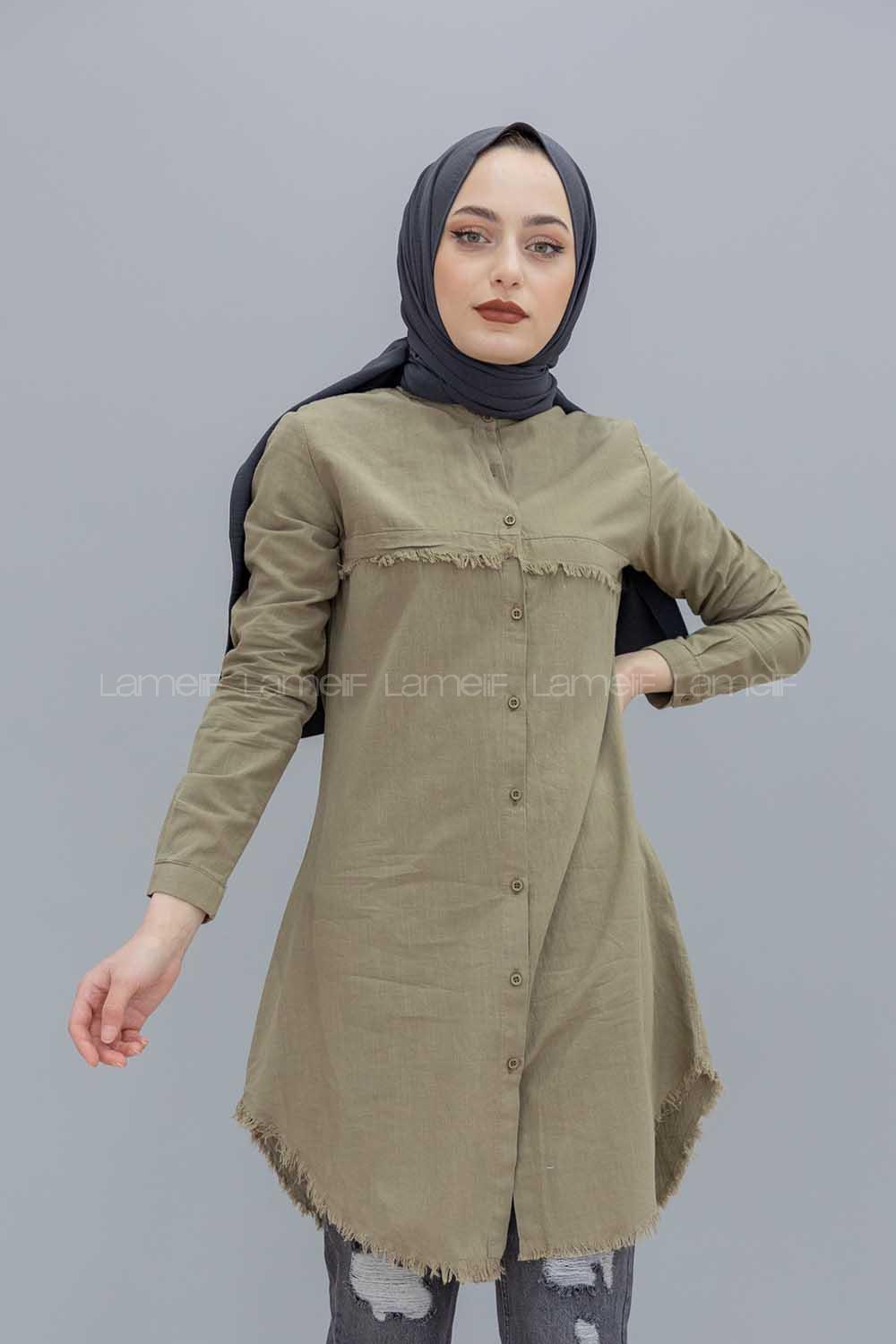 Modalamelif Eteği Saçaklı Gömlek Haki