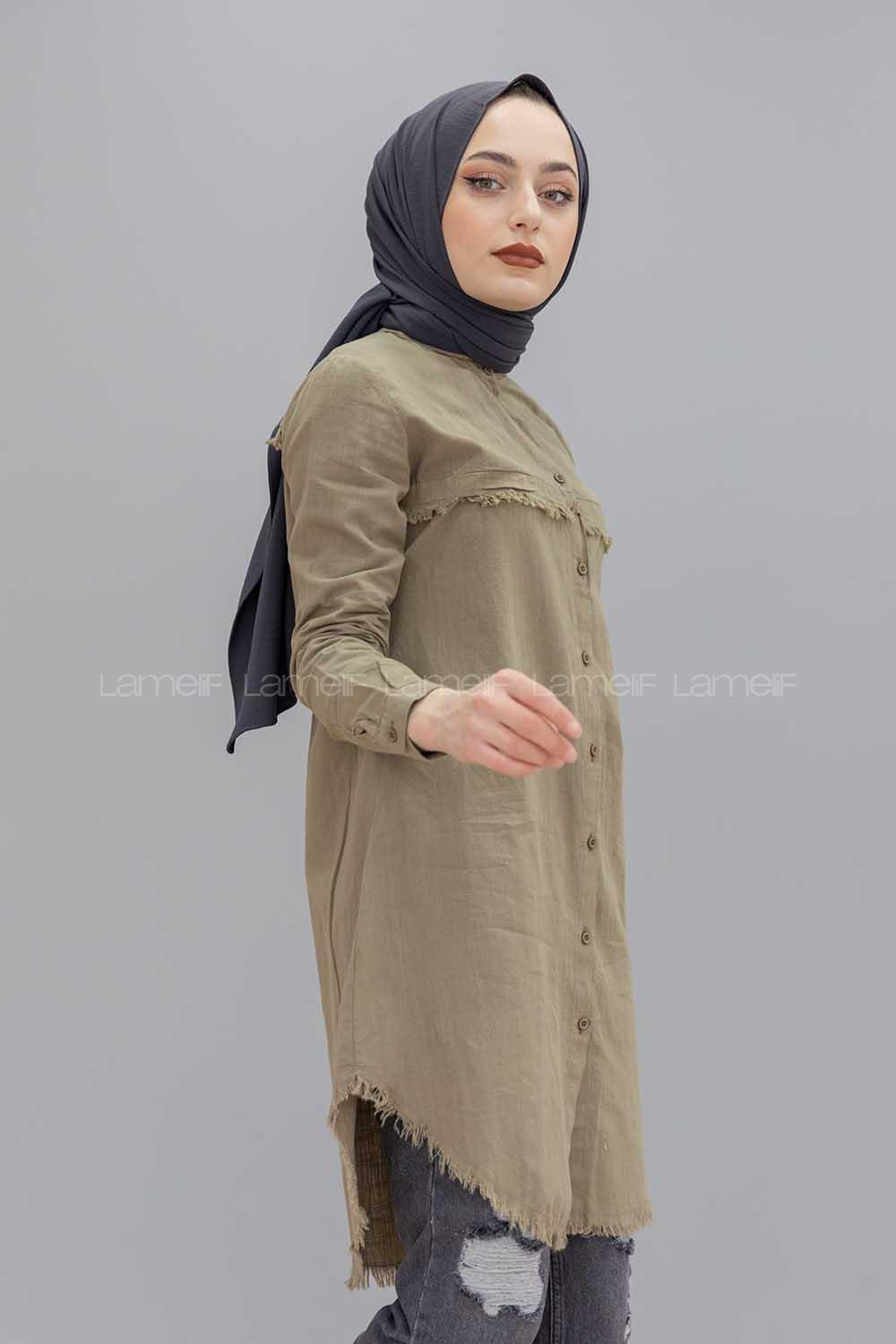 Modalamelif Eteği Saçaklı Gömlek Haki