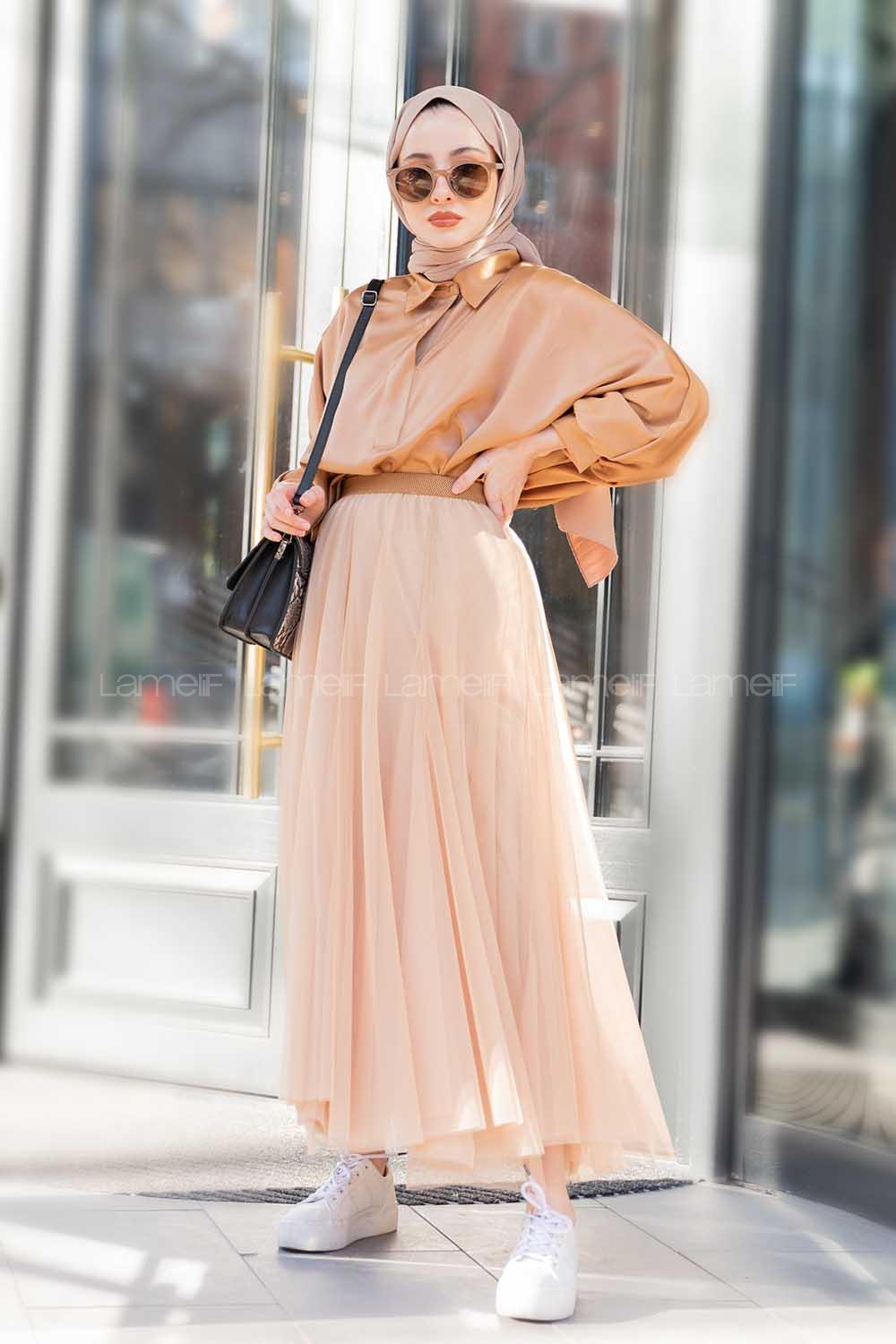 Modalamelif Beli Lastikli Tül Etek Sütlü Kahve