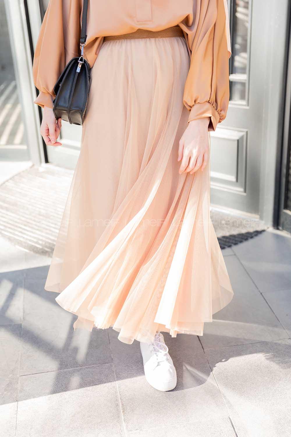 Modalamelif Beli Lastikli Tül Etek Sütlü Kahve