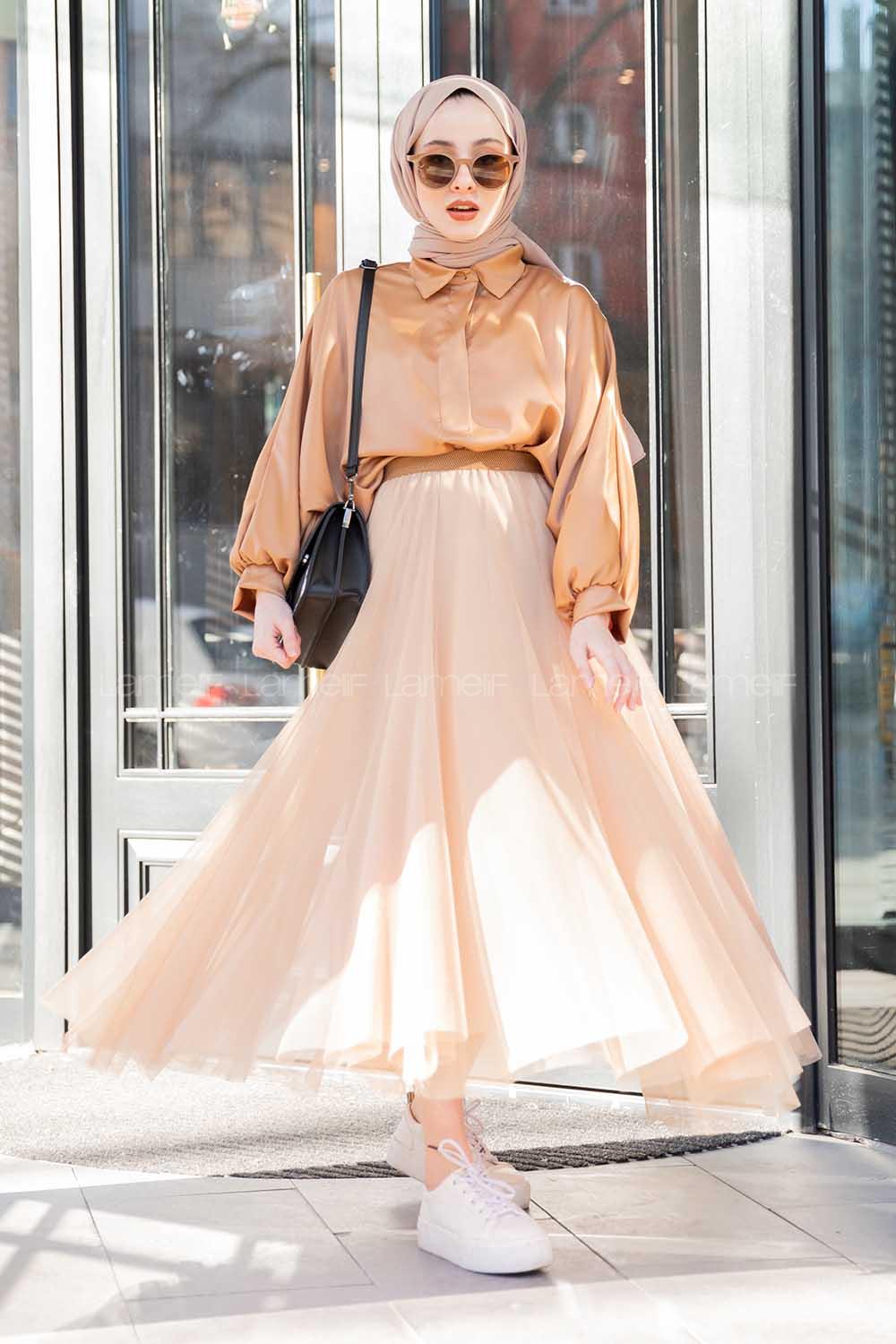 Modalamelif Beli Lastikli Tül Etek Sütlü Kahve