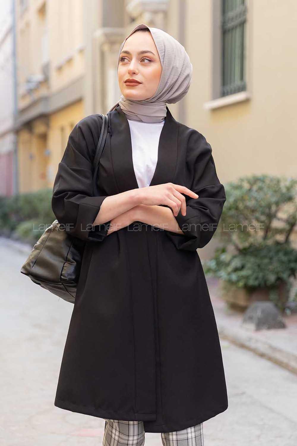 Modalamelif Çift Cepli Kemerli Kimono Siyah