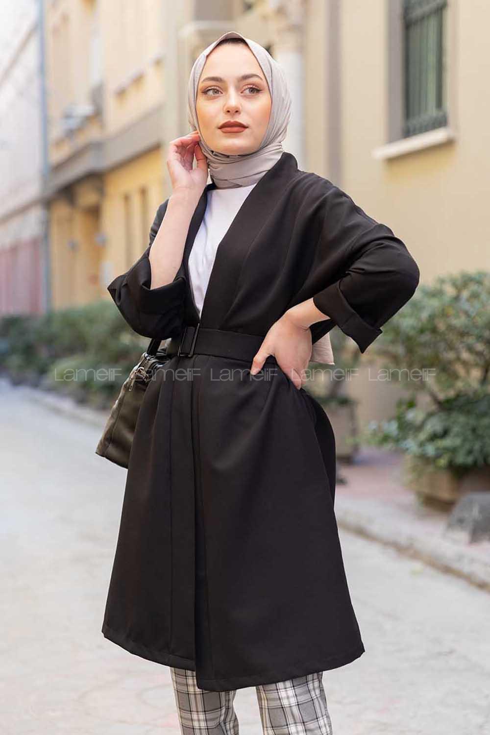 Modalamelif Çift Cepli Kemerli Kimono Siyah