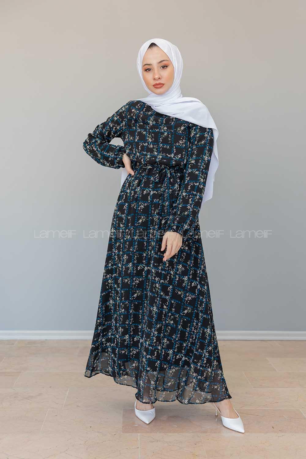 Modalamelif İçi Astarlı Çiçek Baskılı Şifon Elbise Siyah