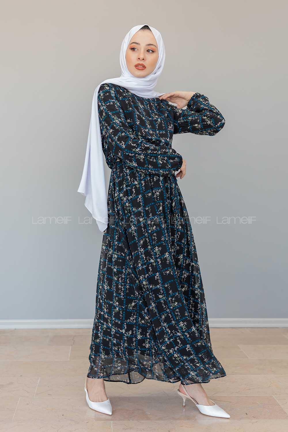 Modalamelif İçi Astarlı Çiçek Baskılı Şifon Elbise Siyah