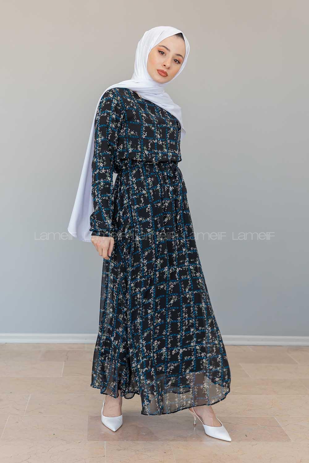 Modalamelif İçi Astarlı Çiçek Baskılı Şifon Elbise Siyah