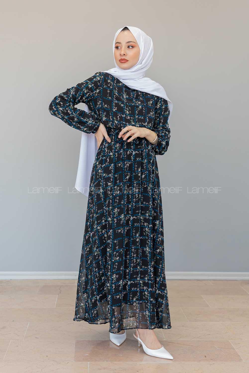 Modalamelif İçi Astarlı Çiçek Baskılı Şifon Elbise Siyah