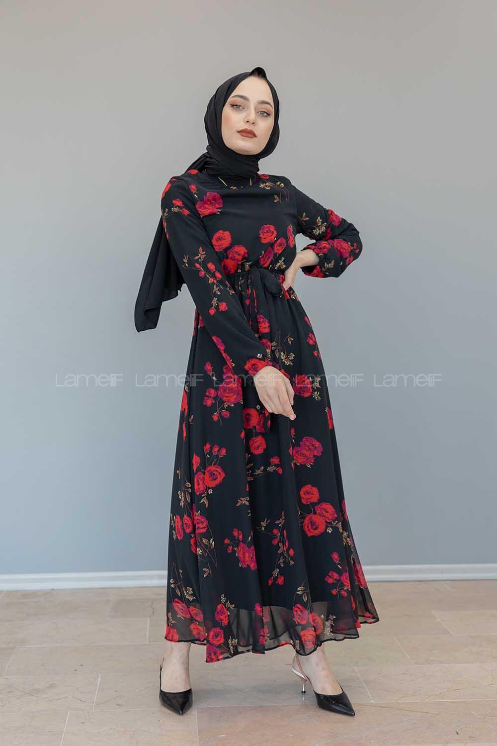 Modalamelif İçi Astarlı Gül Baskılı Şifon Elbise Siyah
