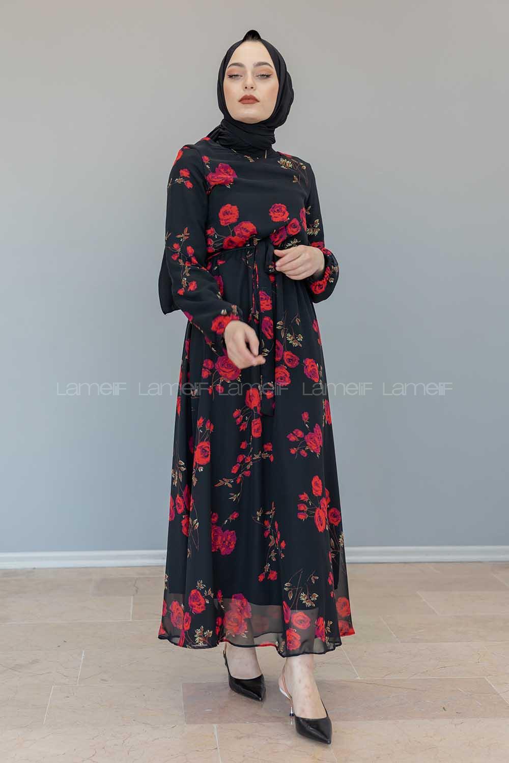 Modalamelif İçi Astarlı Gül Baskılı Şifon Elbise Siyah