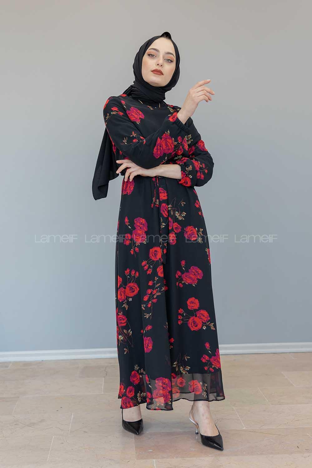 Modalamelif İçi Astarlı Gül Baskılı Şifon Elbise Siyah