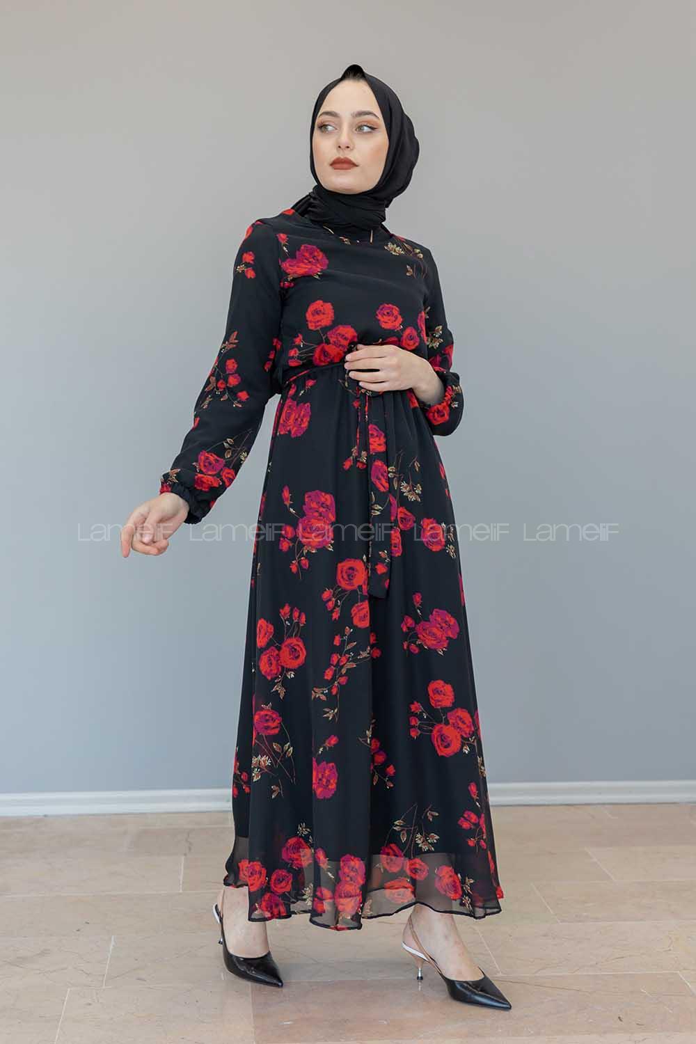 Modalamelif İçi Astarlı Gül Baskılı Şifon Elbise Siyah