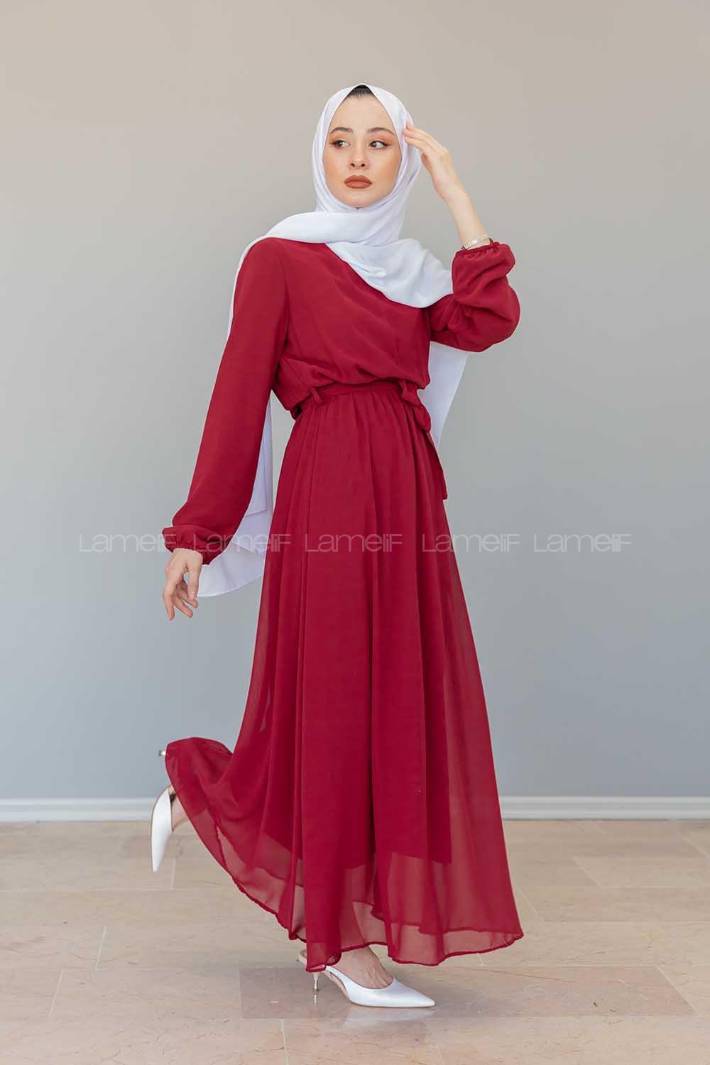 Modalamelif İçi Astarlı Kemer Detaylı Şifon Elbise Bordo