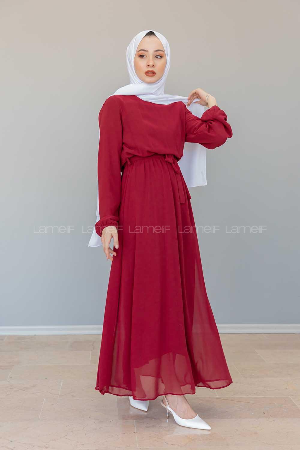 Modalamelif İçi Astarlı Kemer Detaylı Şifon Elbise Bordo