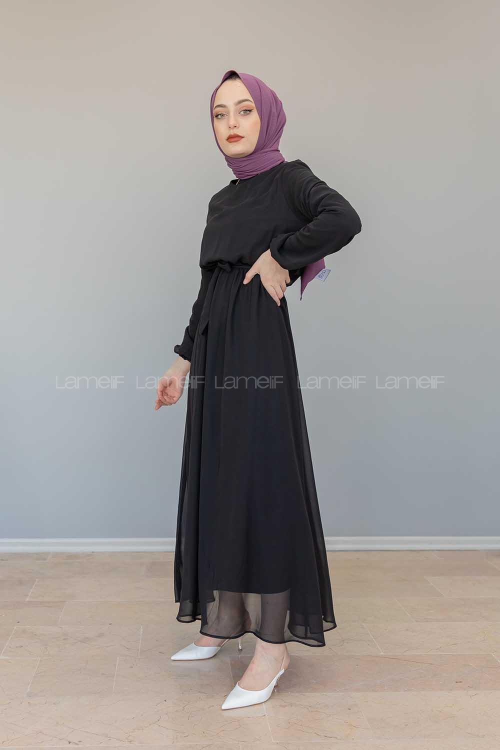 Modalamelif İçi Astarlı Kemer Detaylı Şifon Elbise Siyah