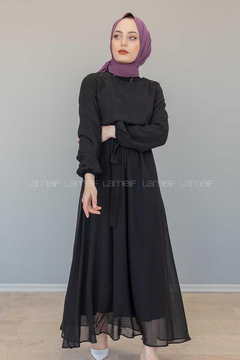Modalamelif İçi Astarlı Kemer Detaylı Şifon Elbise Siyah