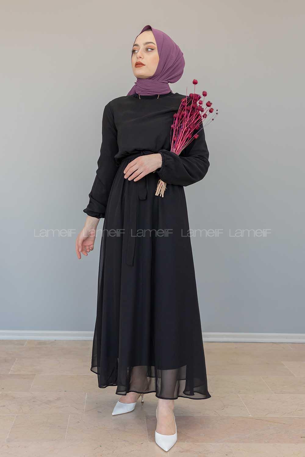 Modalamelif İçi Astarlı Kemer Detaylı Şifon Elbise Siyah