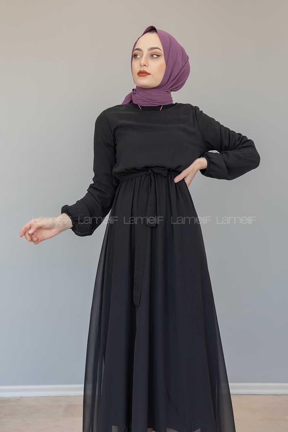 Modalamelif İçi Astarlı Kemer Detaylı Şifon Elbise Siyah