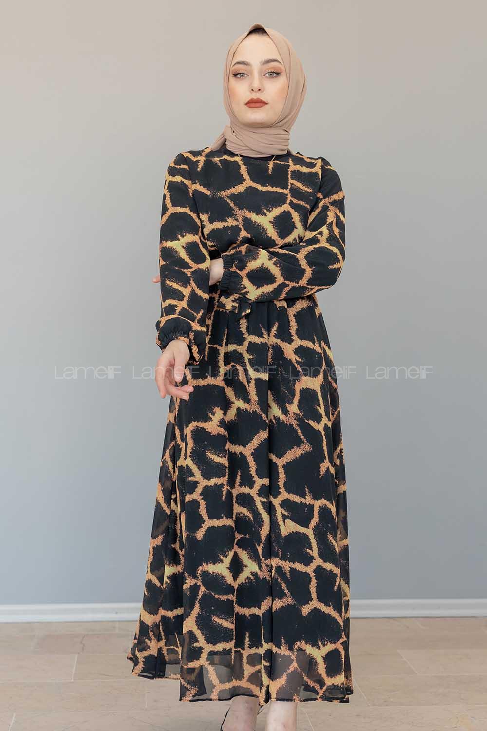 Modalamelif İçi Astarlı Lepor Şifon Elbise Siyah