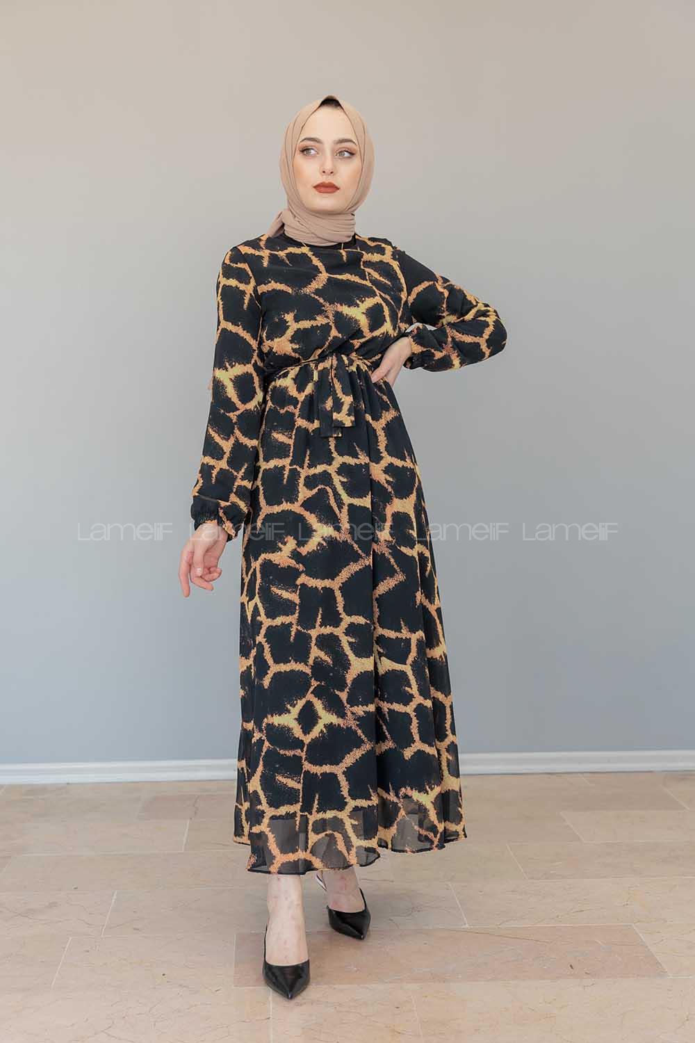 Modalamelif İçi Astarlı Lepor Şifon Elbise Siyah