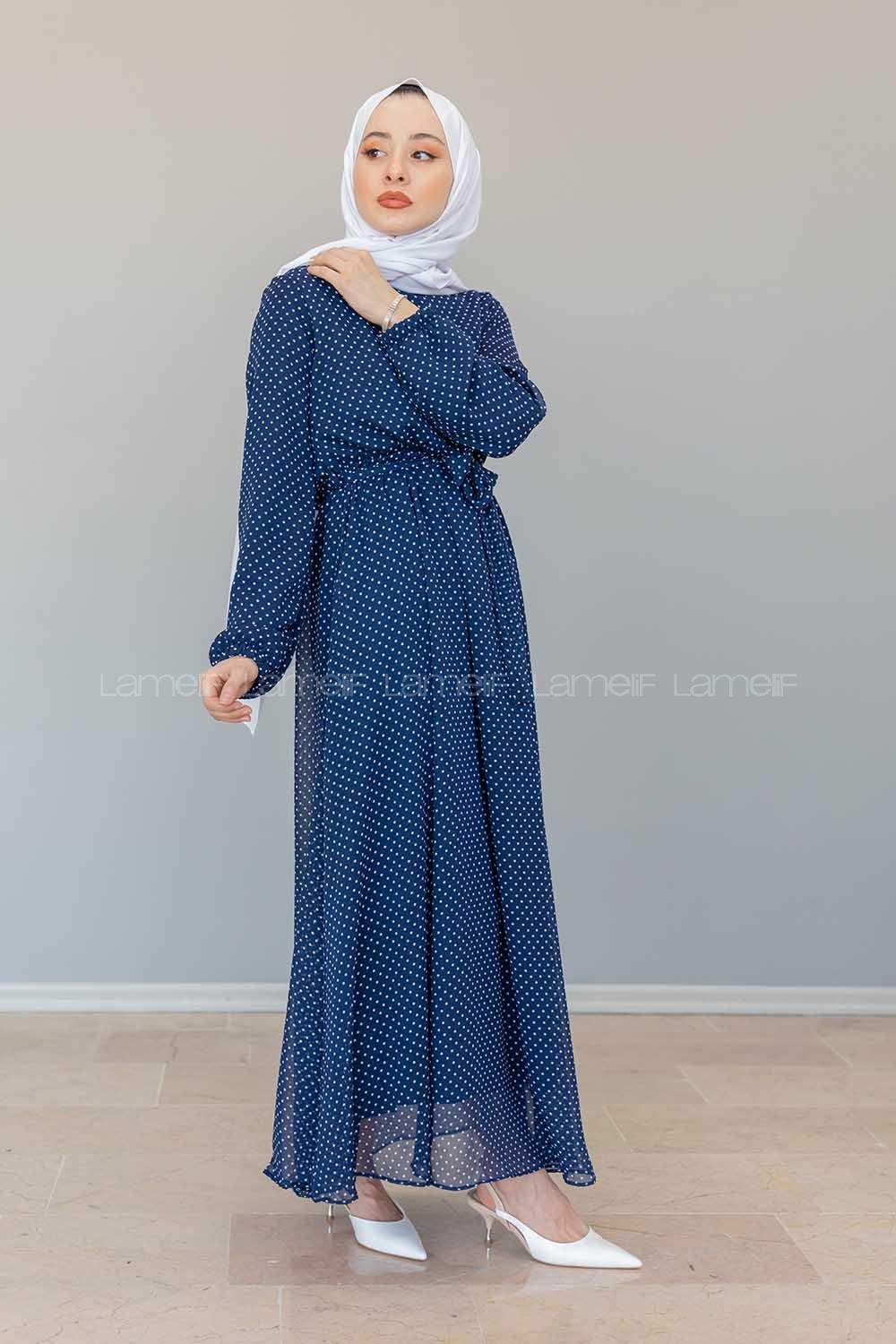 Modalamelif İçi Astarlı Mini Puanlı  Şifon Elbise Lacivert