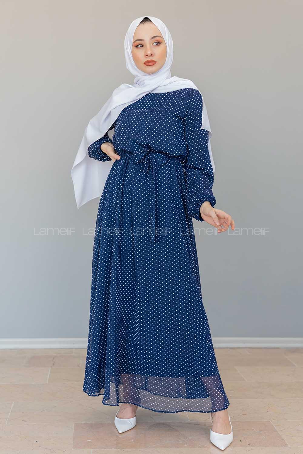 Modalamelif İçi Astarlı Mini Puanlı  Şifon Elbise Lacivert