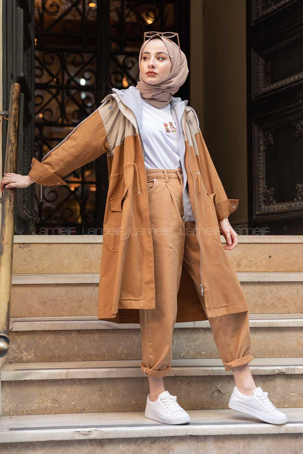 Modalamelif Kapşonlu Garnili Trenç Taba