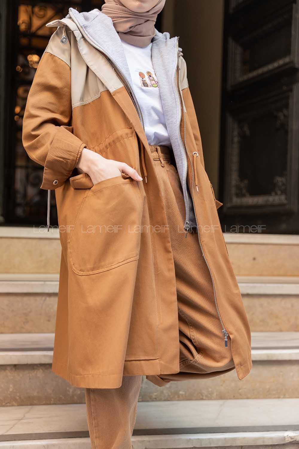 Modalamelif Kapşonlu Garnili Trenç Taba