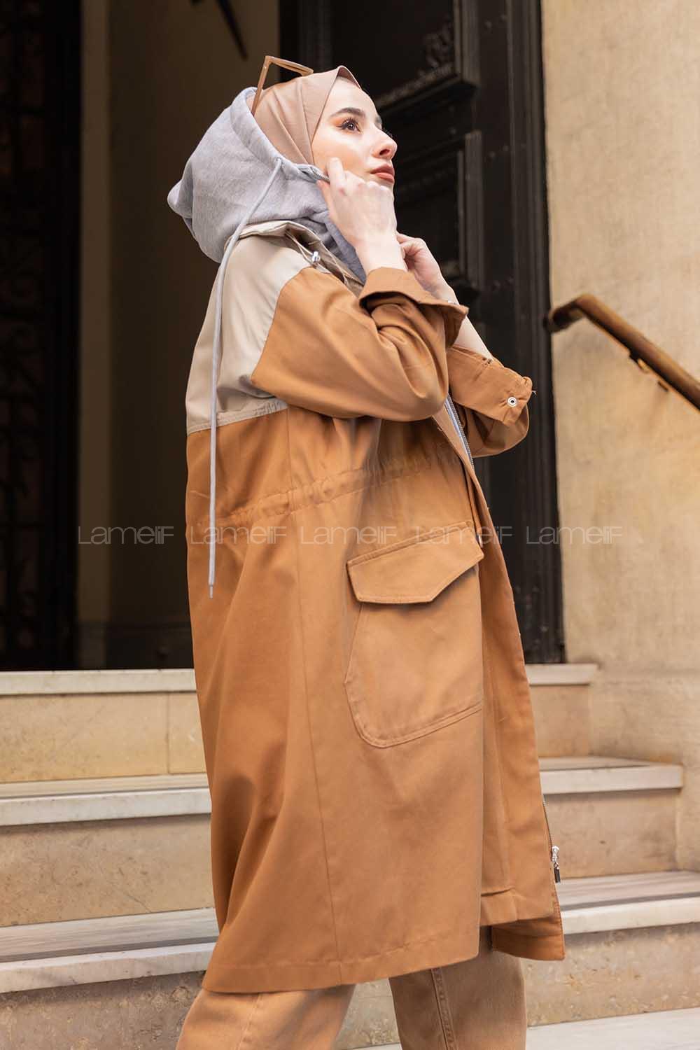 Modalamelif Kapşonlu Garnili Trenç Taba