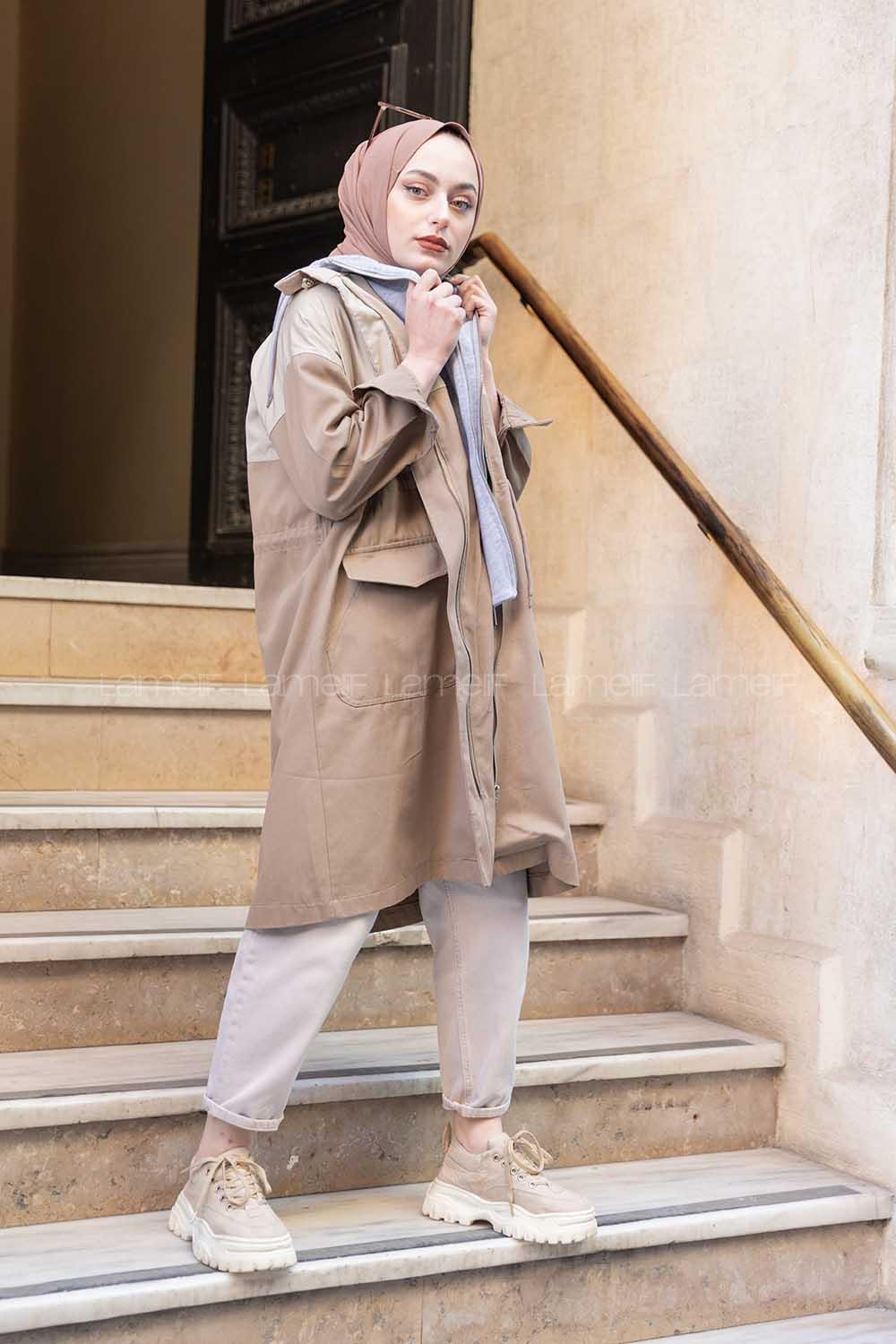 Modalamelif Kapşonlu Garnili Trenç Vizonrengi